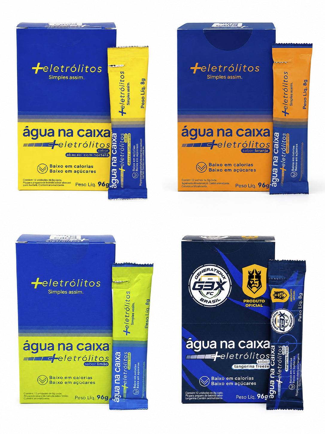 Kit com 4 sabores de sache de eletrólitos em pó agua na Caixa +Eletrólitos®