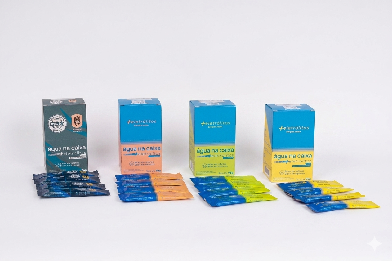 Kit 4 sabores de sache de eletrólitos em só agua na Caixa +Eletrólitos®