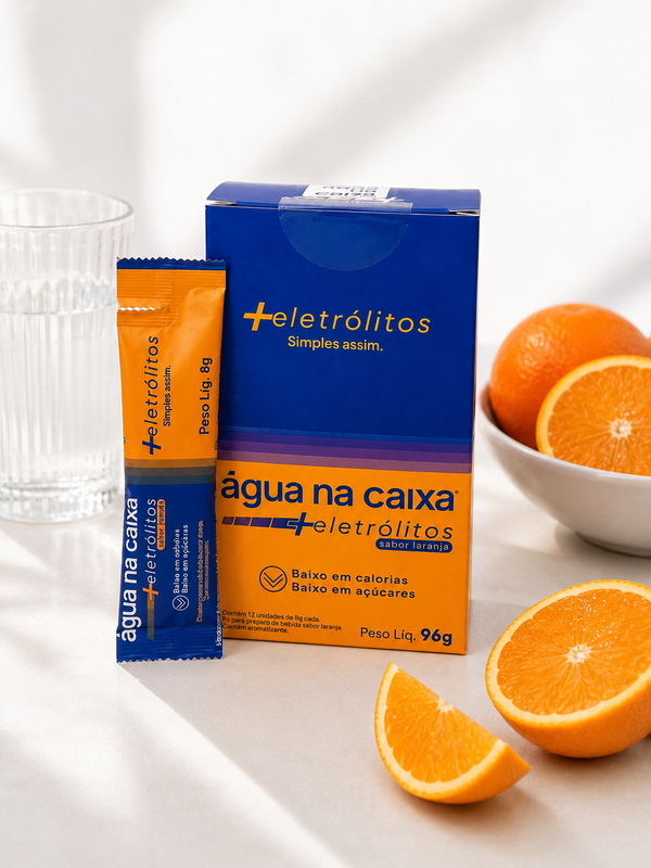 Display com 12 Sachês de Eletrólitos em pó sabor Laranja - Água na Caixa +Eletrólitos®