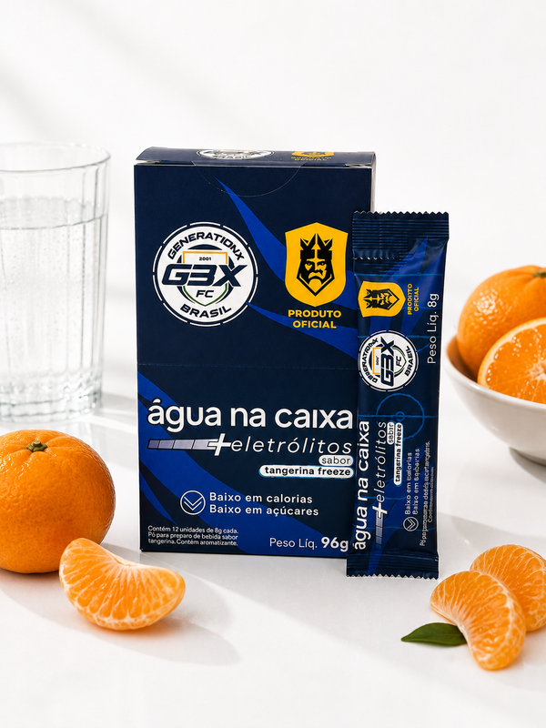 Display com 12 Sachês de Eletrólitos em pó sabor tangerina Freeze - G3X - Água na Caixa +Eletrólitos®